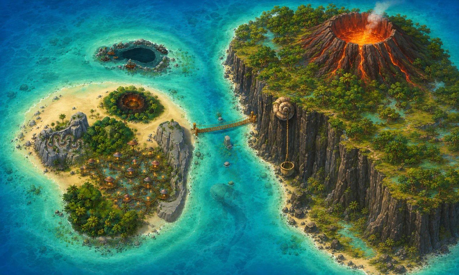 The islands, volcano and waterways of Oh My Frog
